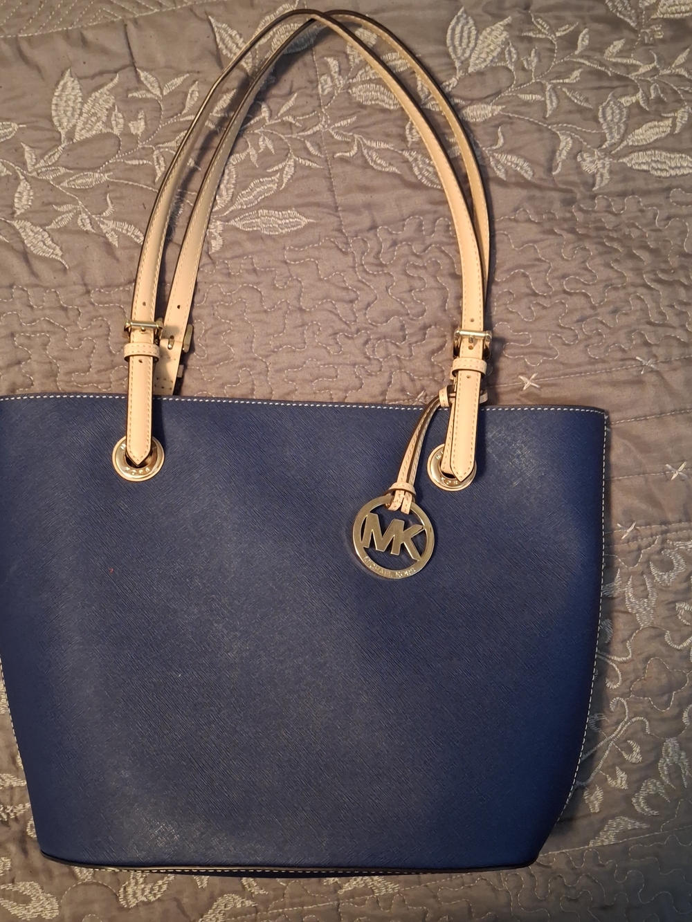 Michael Kors Navy Saffiano Tote with Cream Handles
